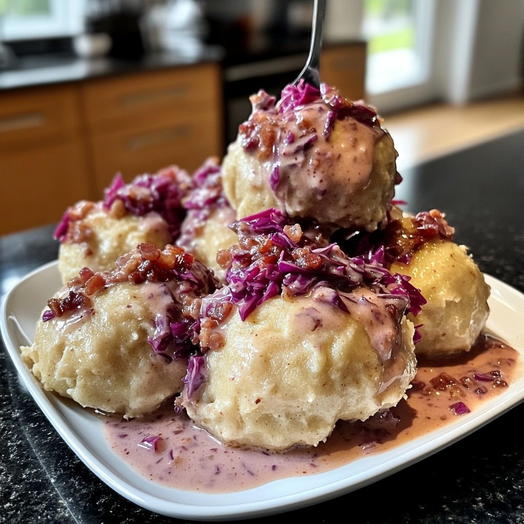 Brezenknödel mit fruchtigem Rotkohl und Speck-Sahne-Sauce