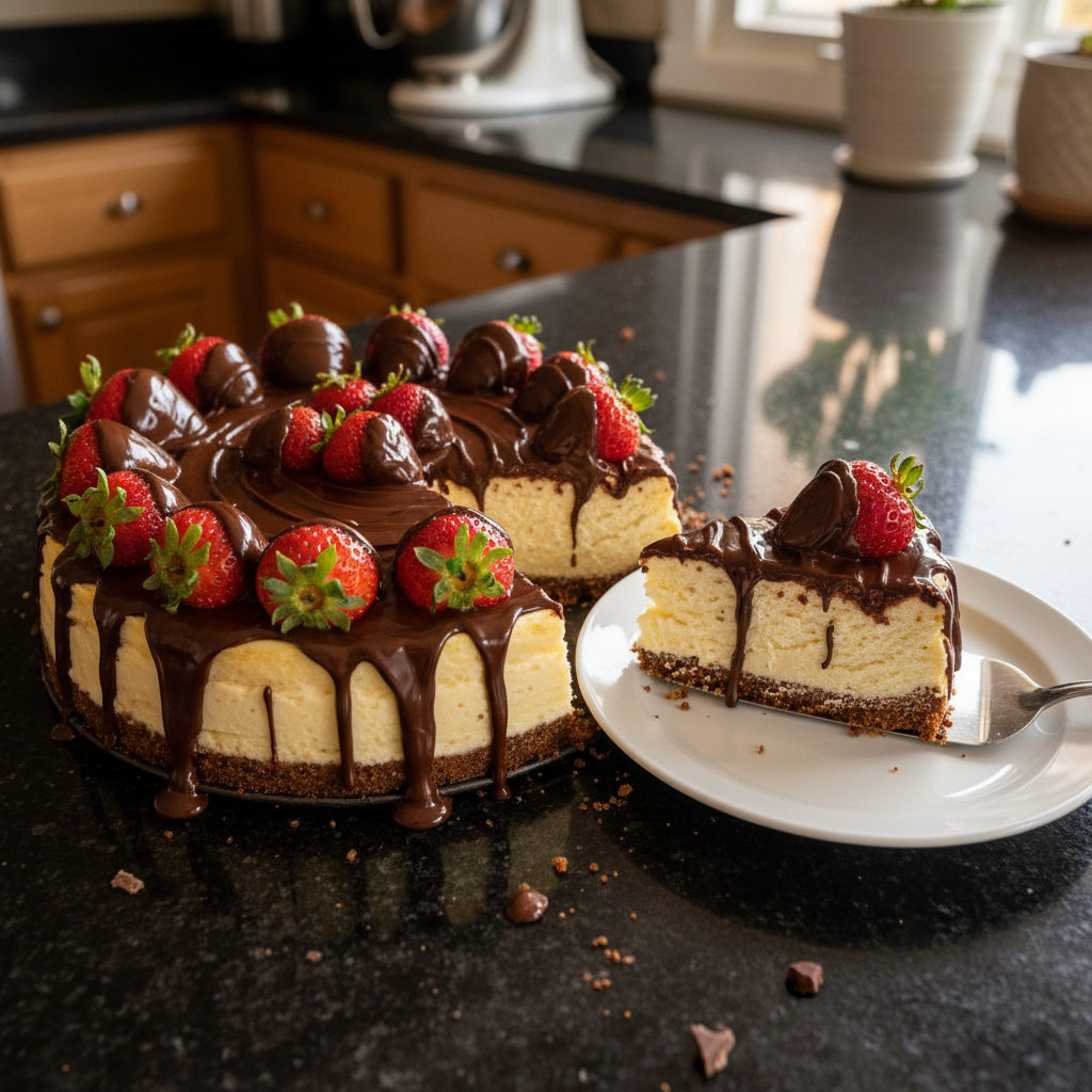 Schokoladenüberzogener Erdbeer Käsekuchen