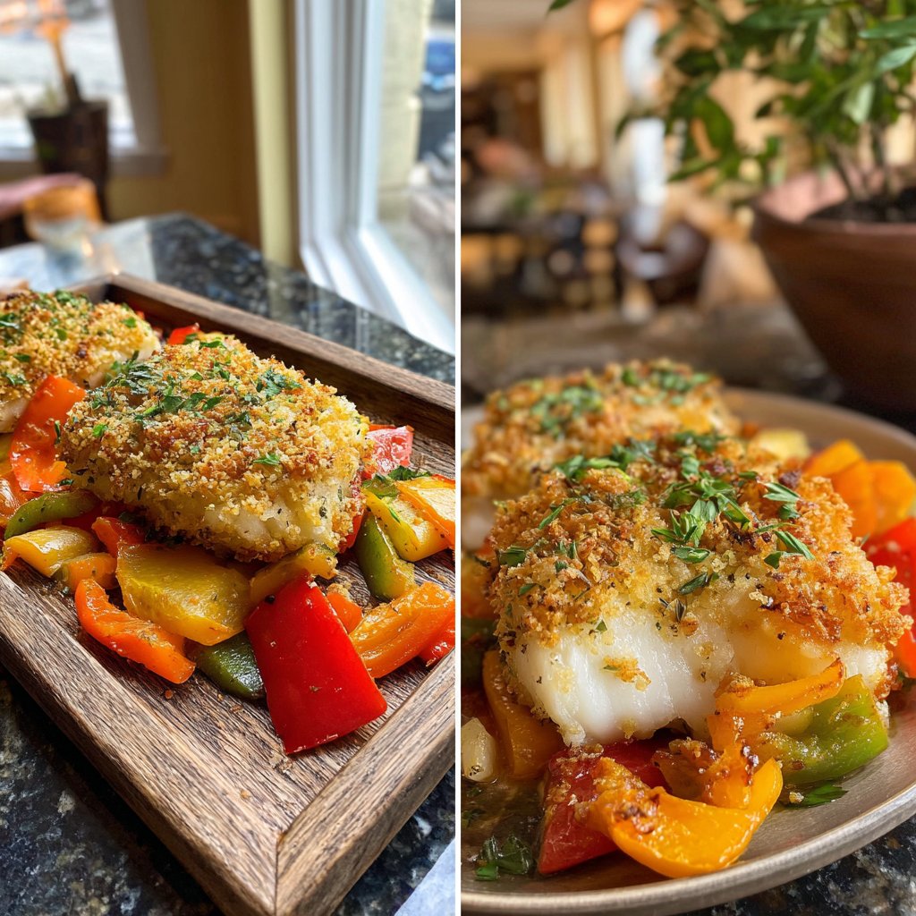 Kräuterkrustener Kabeljau mit Gemüse