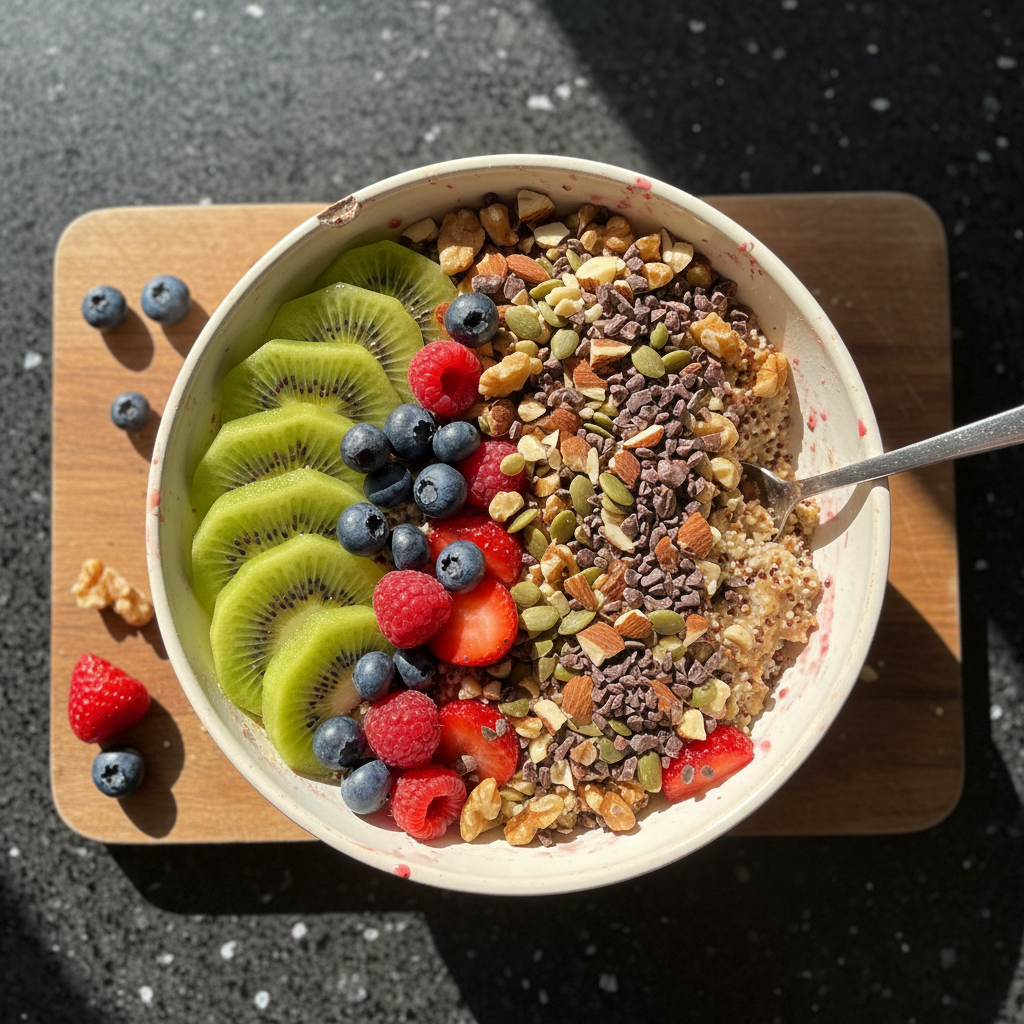 Nussige Quinoa Frucht Bowl