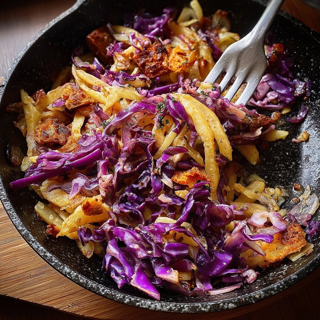 Winter-Schupfnudelpfanne mit Rotkohl und Mock Duck