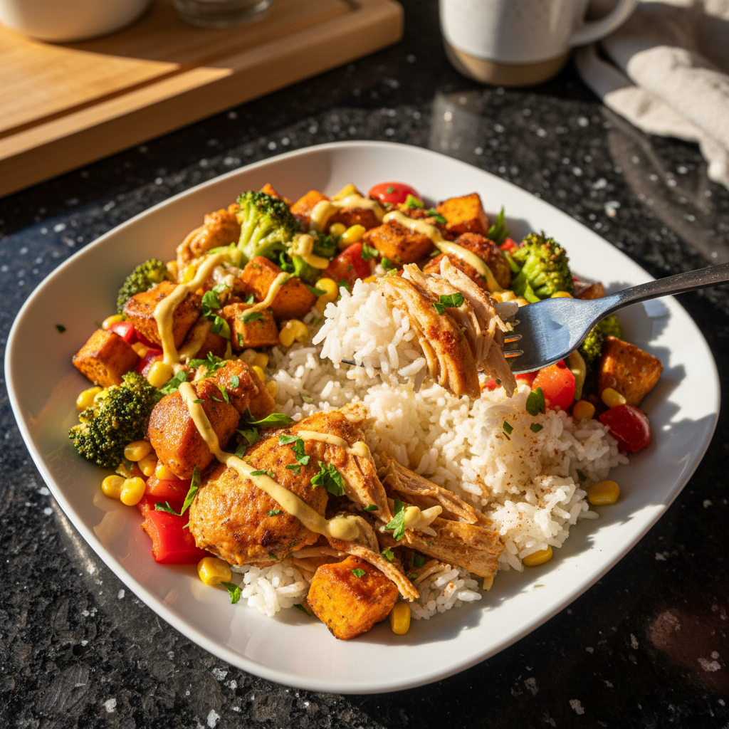 Wärmende Hähnchen Reis Bowl