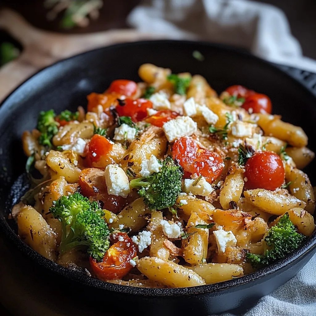 Kartoffelknödel Pfanne mit Brokkoli, Feta und Tomaten