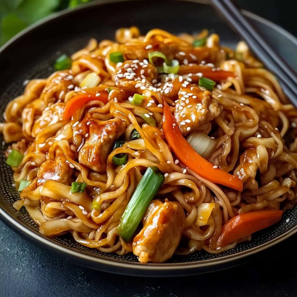 Gebratene chinesische Nudeln mit Hähnchen